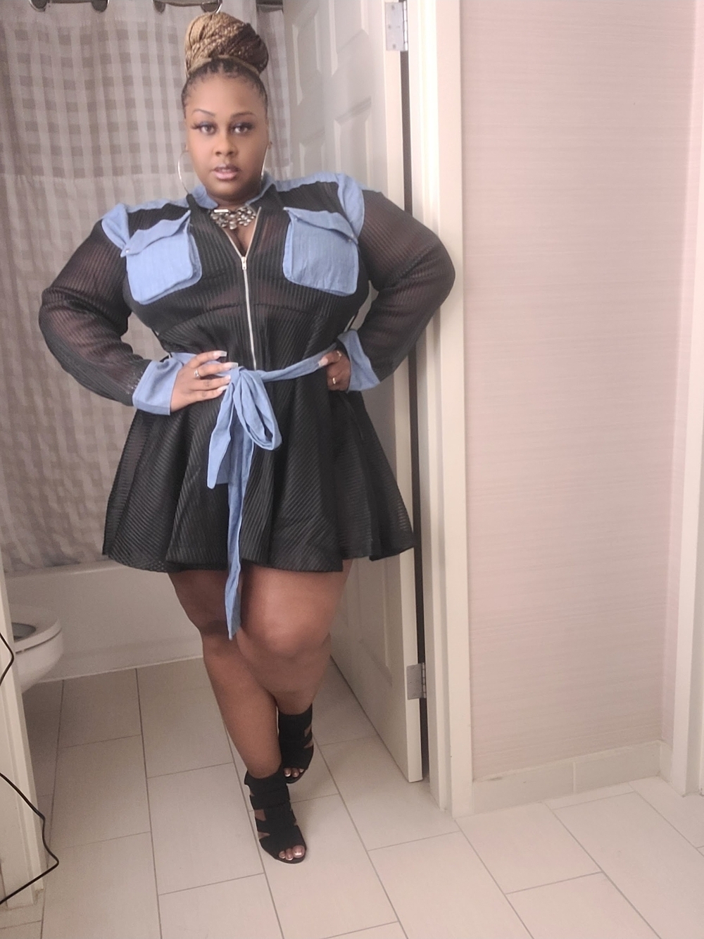 Black Mesh Skater Dress with Light Blue Contrast Pockets & Belt